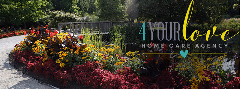 Colorful flowers line a curved walkway with a small bridge in a tranquil outdoor garden.