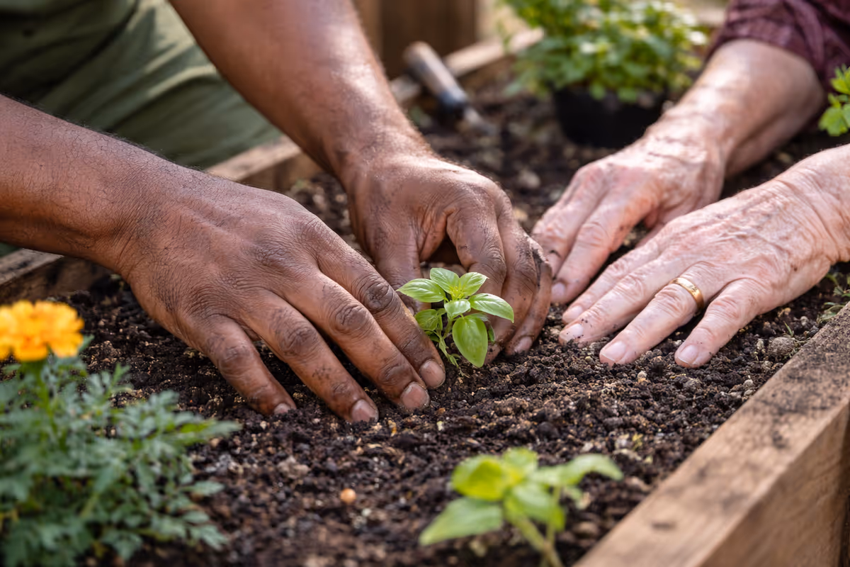 Several hands plant a small seedling in a soil-filled raised garden bed outdoors.