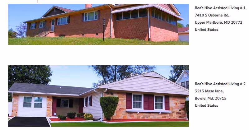 Two exterior views of Beas Hive Assisted Living buildings with manicured lawns.