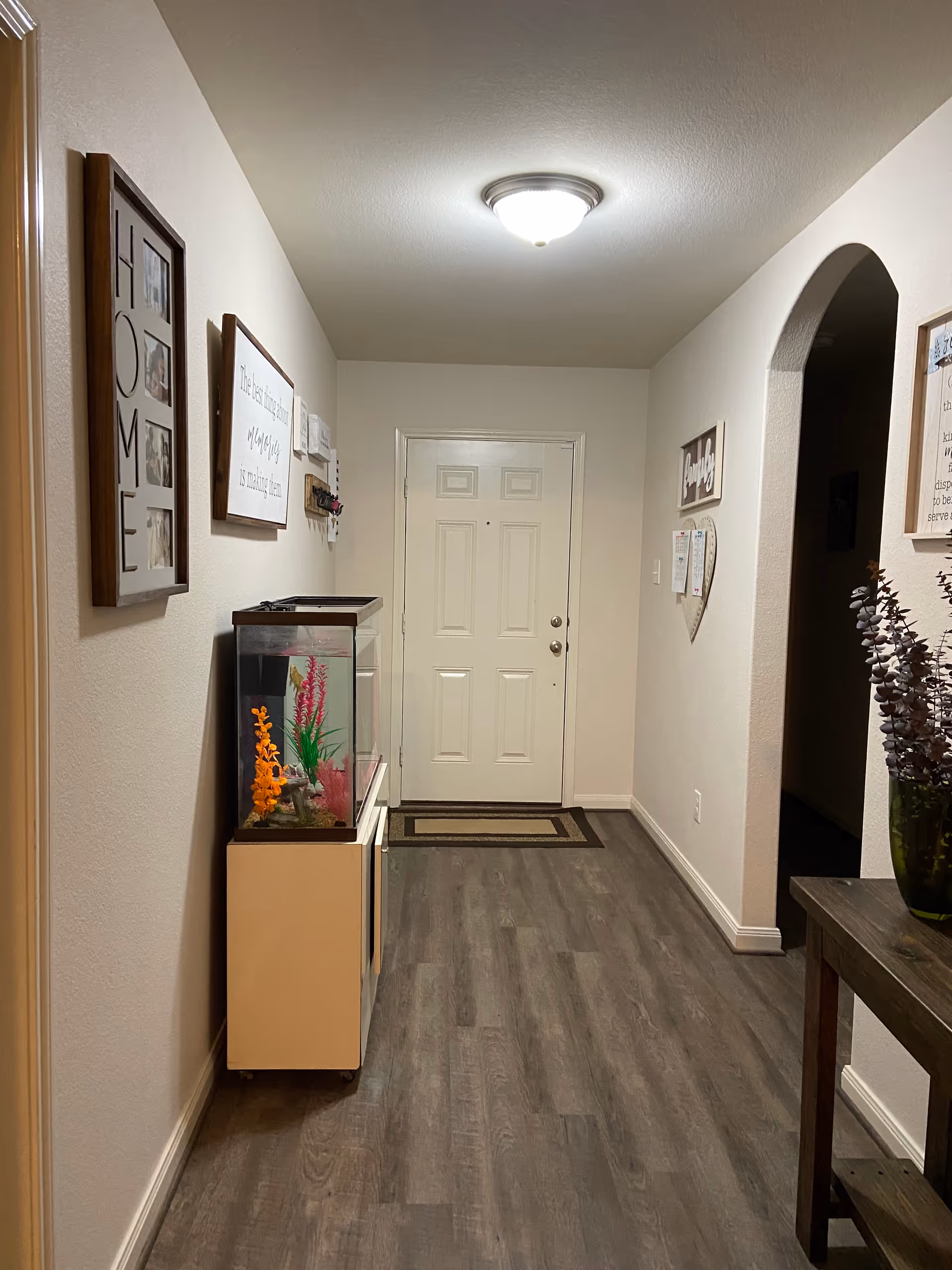Narrow hallway with a small fish tank, wall decor, and a front door.