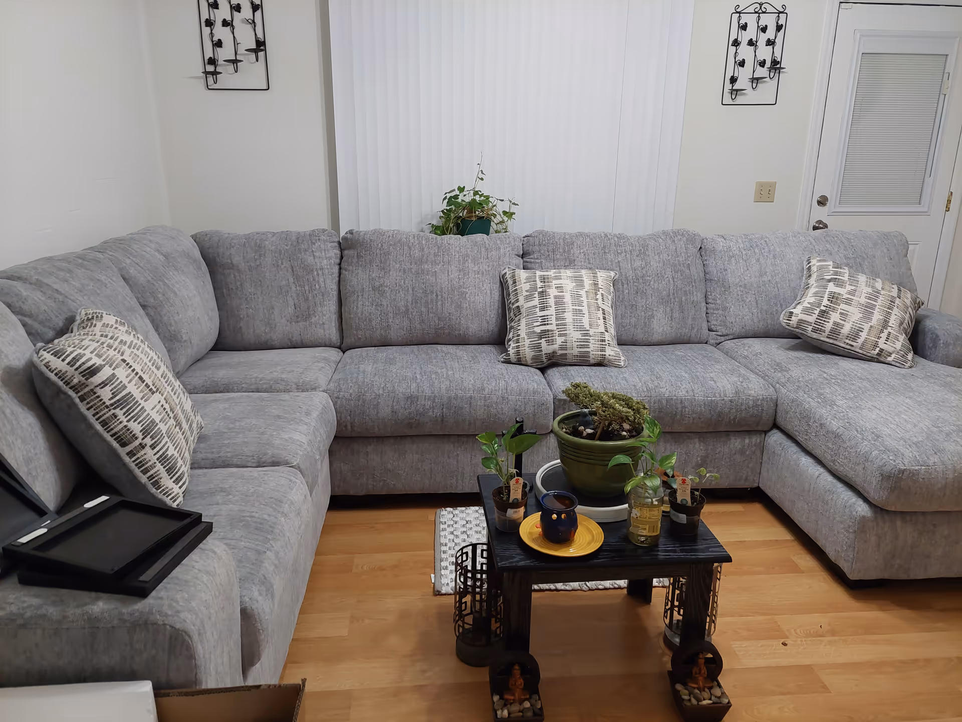 A gray sectional sofa dominates a cozy living room with a black coffee table and plants.