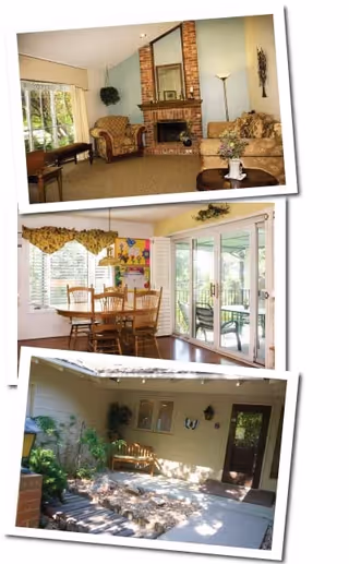 Collage of three images showing different areas of a senior living facility. The top image features a cozy living room with a brick fireplace, an armchair, a sofa, a floor lamp, and a small table with a flower vase. The middle image shows a dining area with a wooden table and chairs, large windows with valances, and sliding glass doors leading to a patio. The bottom image depicts an outdoor patio area with a bench, plants, and a door leading inside.