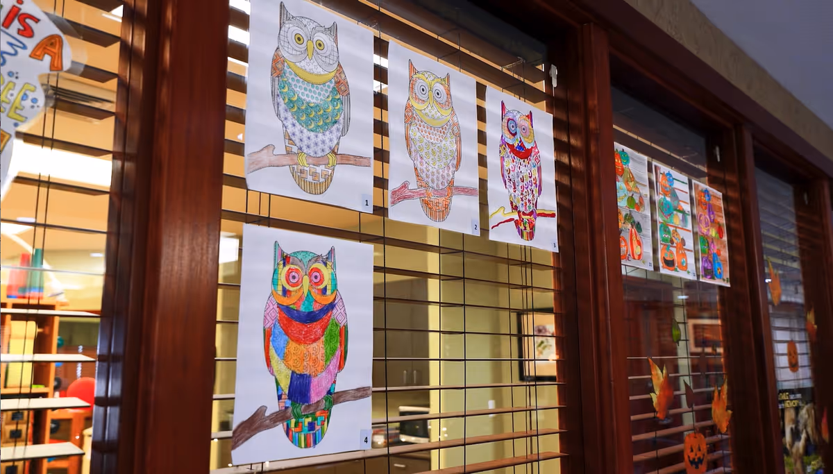 A series of colorful owl drawings displayed on a wooden-framed glass window with horizontal blinds. The drawings are numbered and appear to be part of an art activity. Behind the glass, an interior room with warm lighting and furniture is visible. Additional autumn-themed decorations, including pumpkins and leaves, are also visible on the glass.