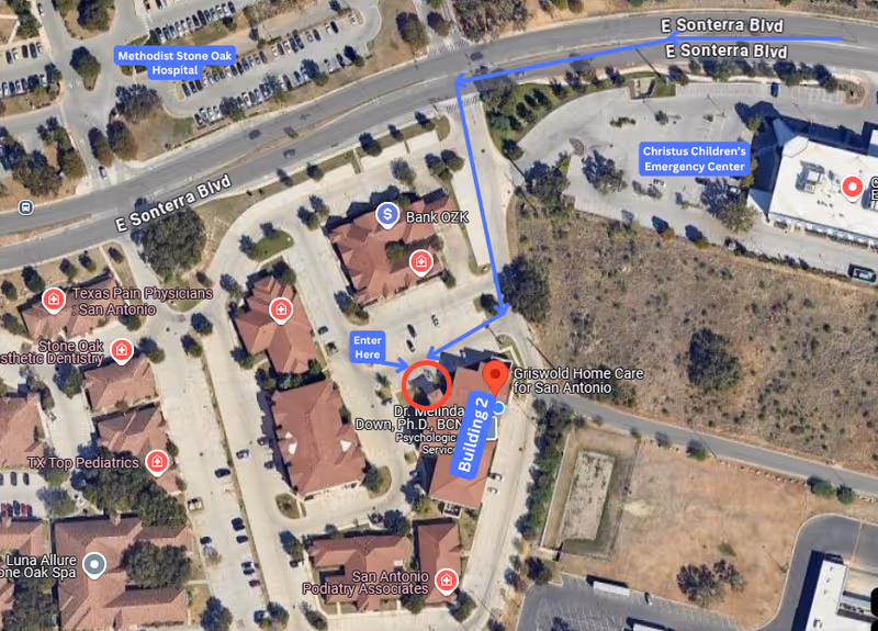 Aerial map view of Griswold Home Care building and surrounding streets in San Antonio.