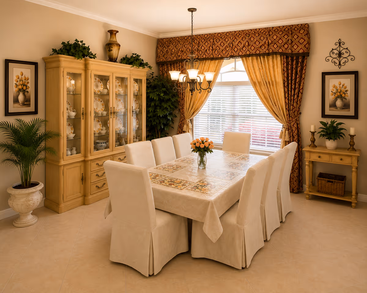 Cream dining room in a senior living facility with a long table, eight chairs, and curtains.