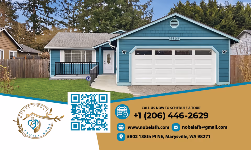 Blue single-story house exterior with a two-car garage and marketing banner.