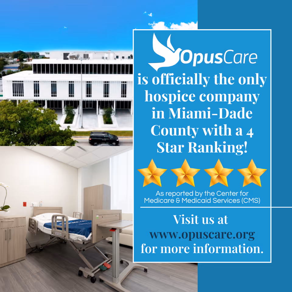 Interior hospital room with a bed and medical furniture beside a blue OpusCare ad