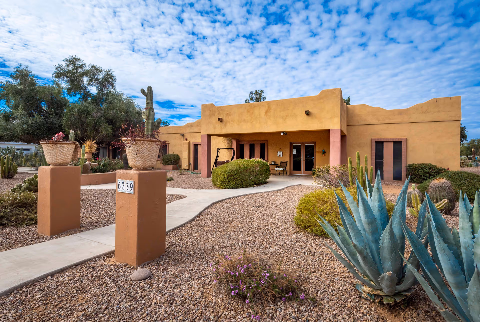 Southwestern-style single-story stucco building with a curved walkway, desert landscaping, and an address pillar marked 6739.