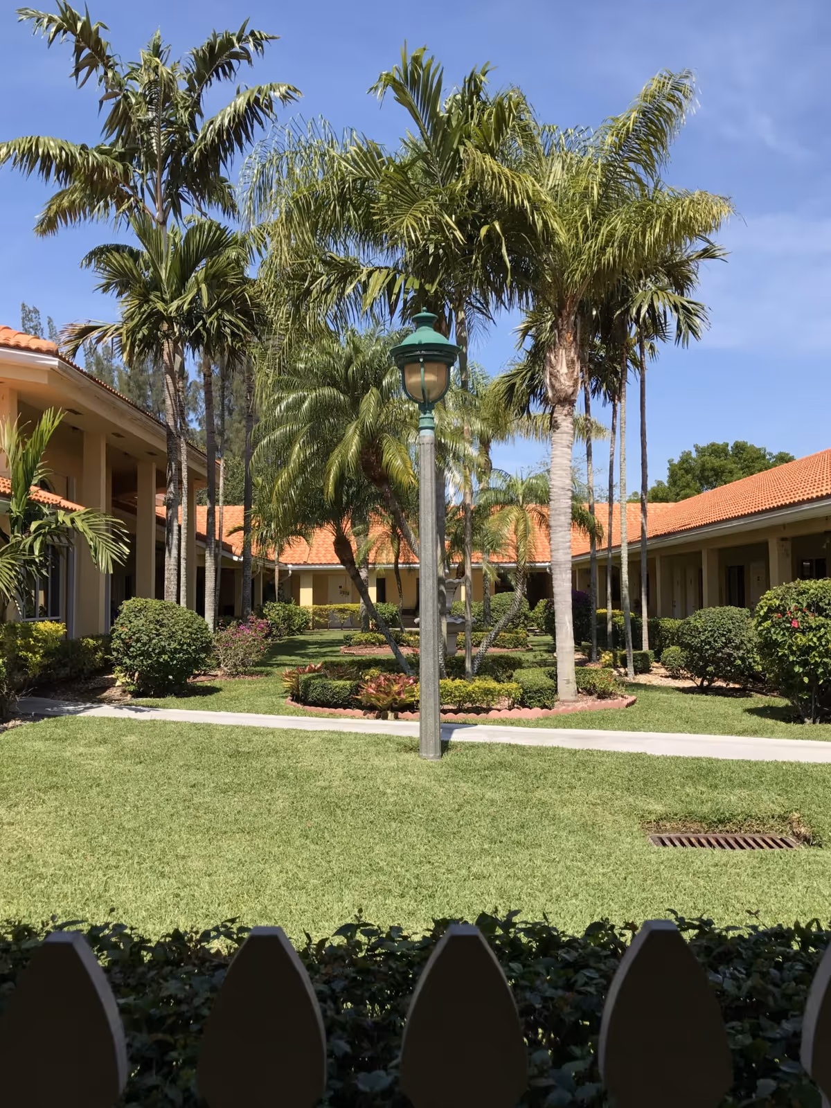 Sunny courtyard with palm trees, manicured lawn, and beige buildings around a landscaped garden.