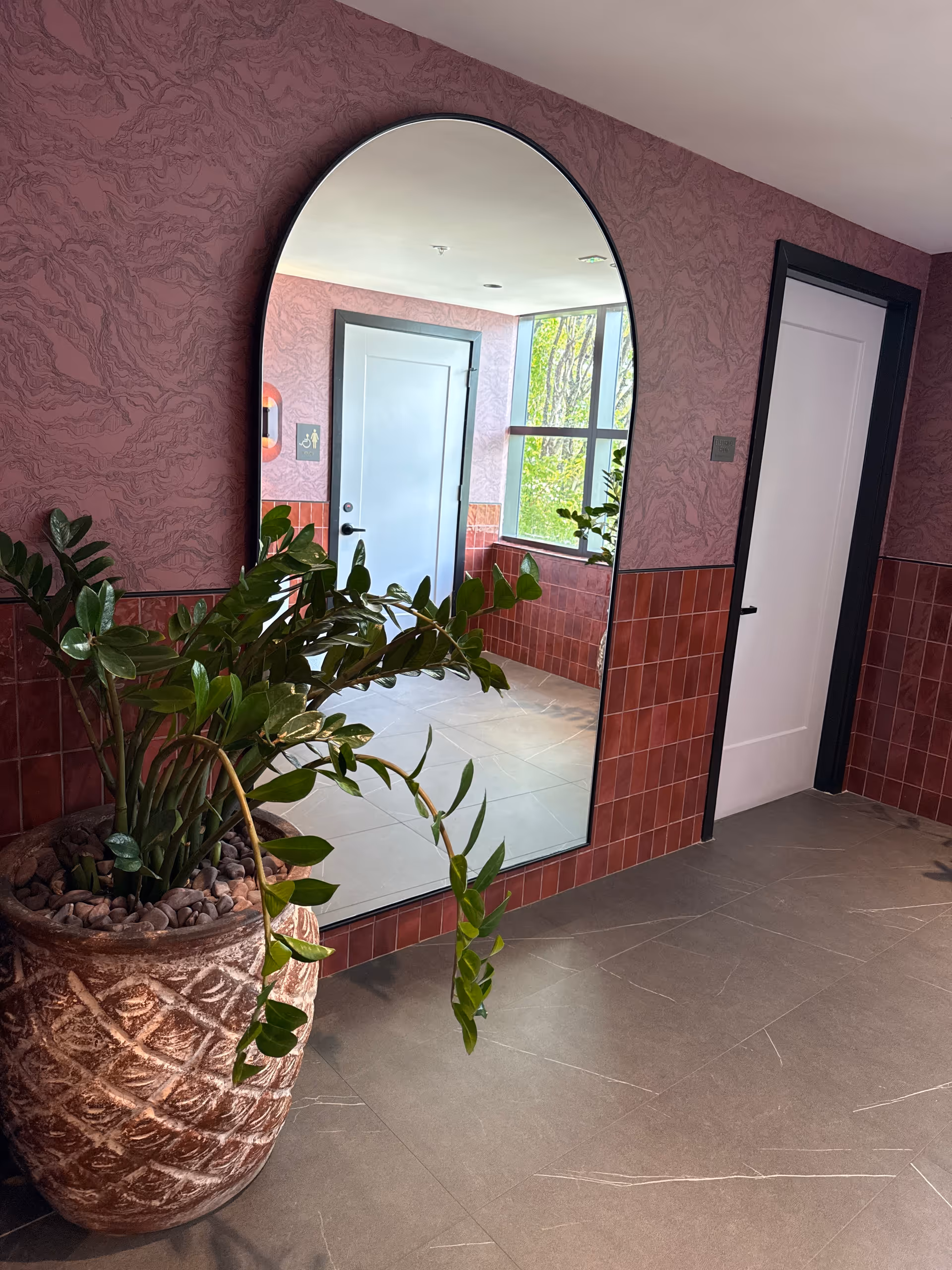 An interior hallway with a large arched mirror, pink textured walls, and a potted plant.