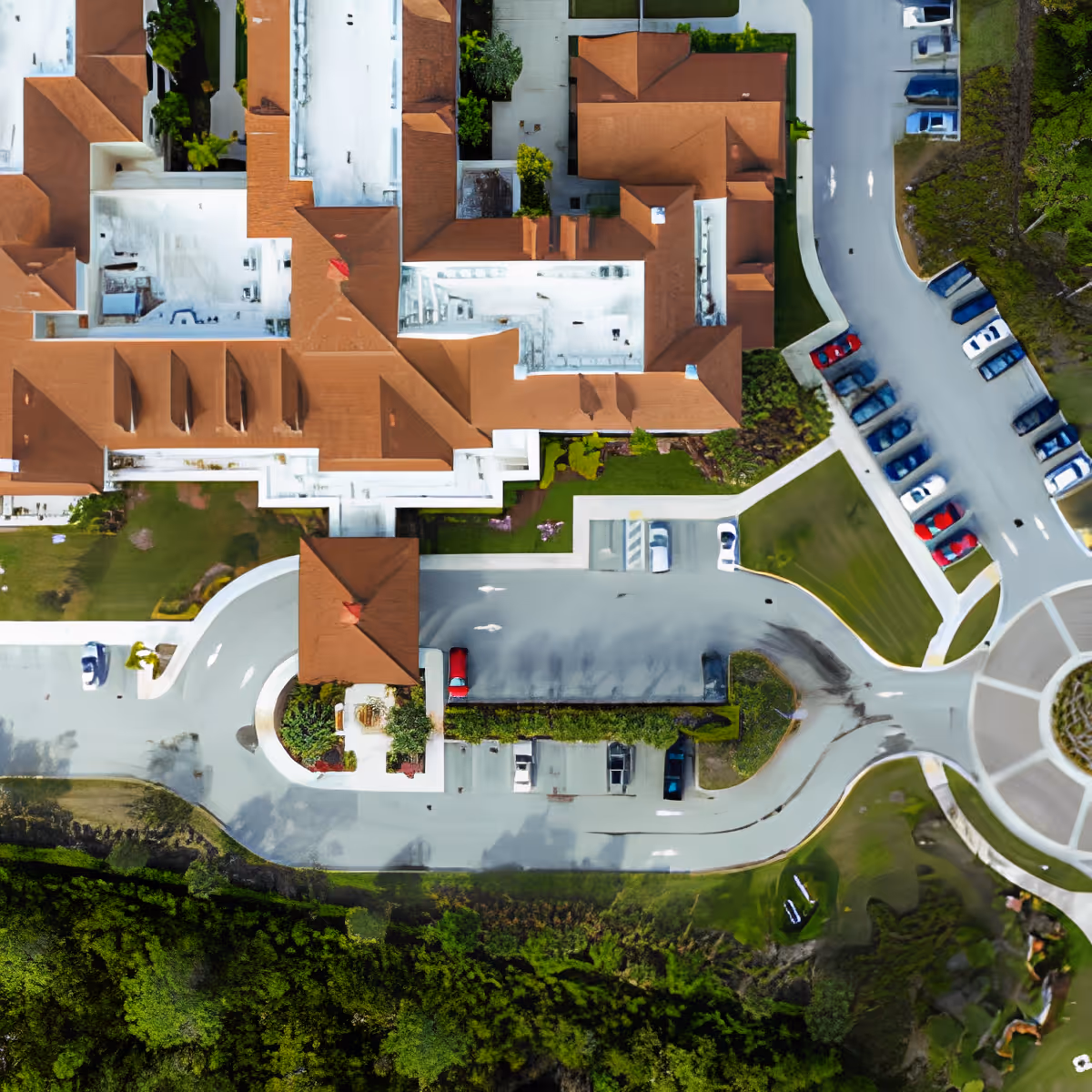 Aerial view of Discovery Village At Palm Beach Gardens showing the building with red roofs, surrounding parking lots with cars, a roundabout, green lawns, and nearby wooded areas.