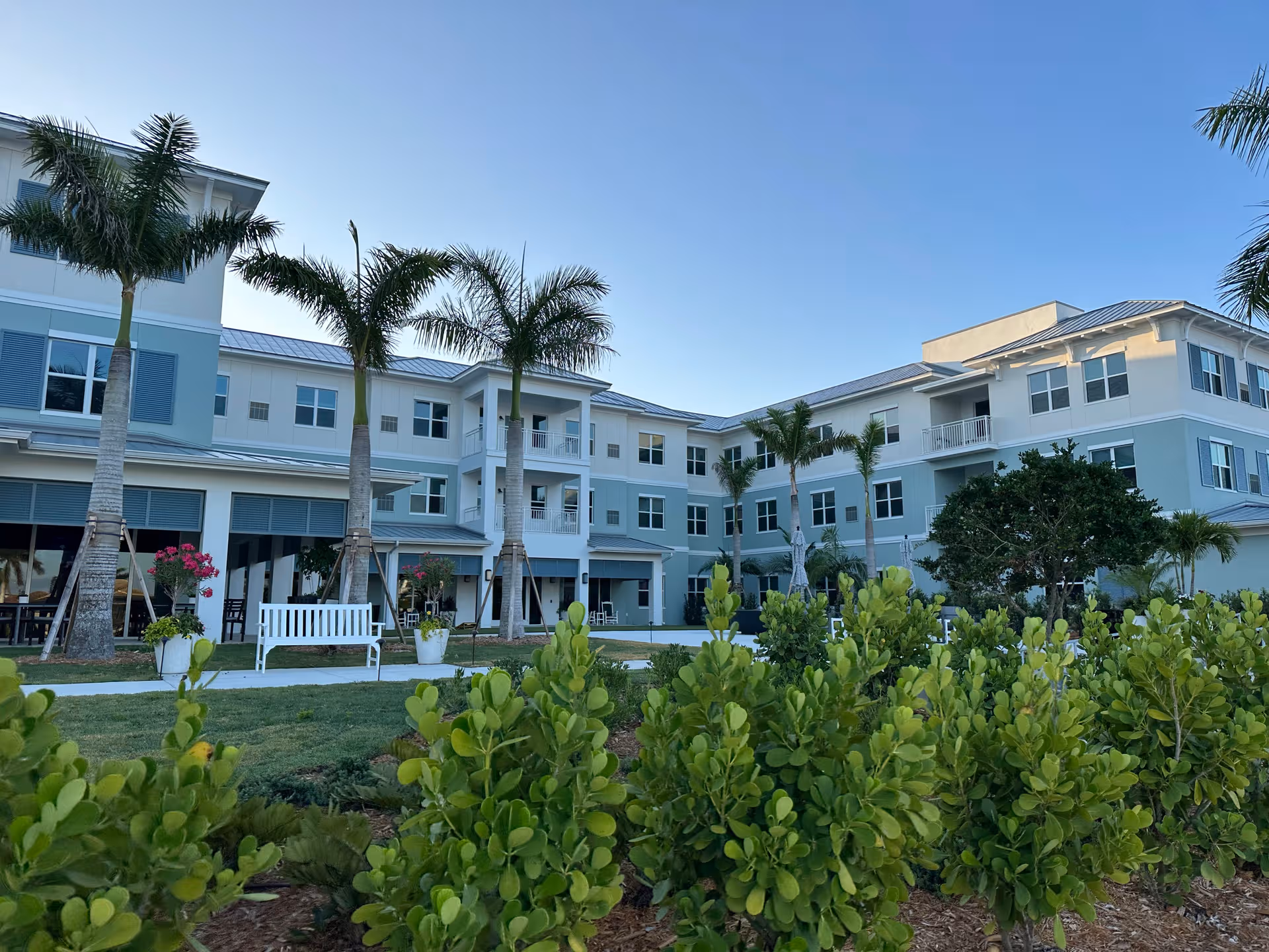 Exterior view of a light blue, multi-story senior living building with palm trees and benches.
