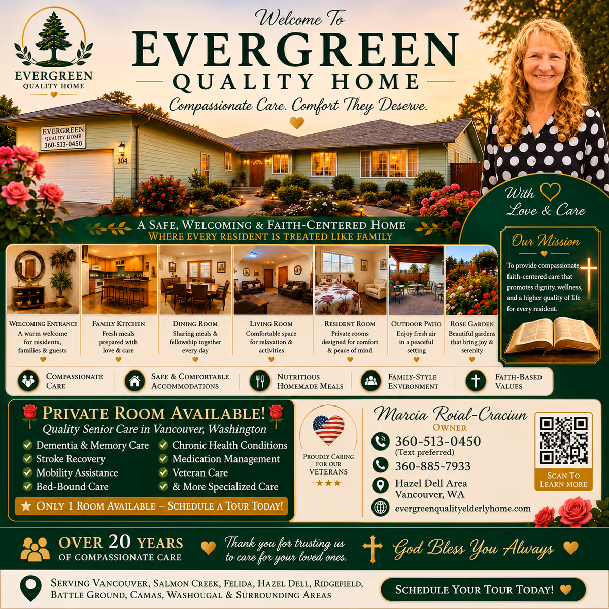 Exterior view of Evergreen Quality Home with a smiling woman beside the entrance.