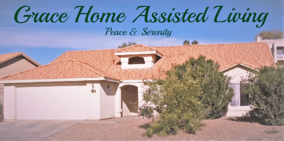 Exterior view of a single-story house with a tiled roof, a garage, and bushes in the front yard under a clear blue sky. Text overlay at the top reads 'Grace Home Assisted Living Peace & Serenity'.