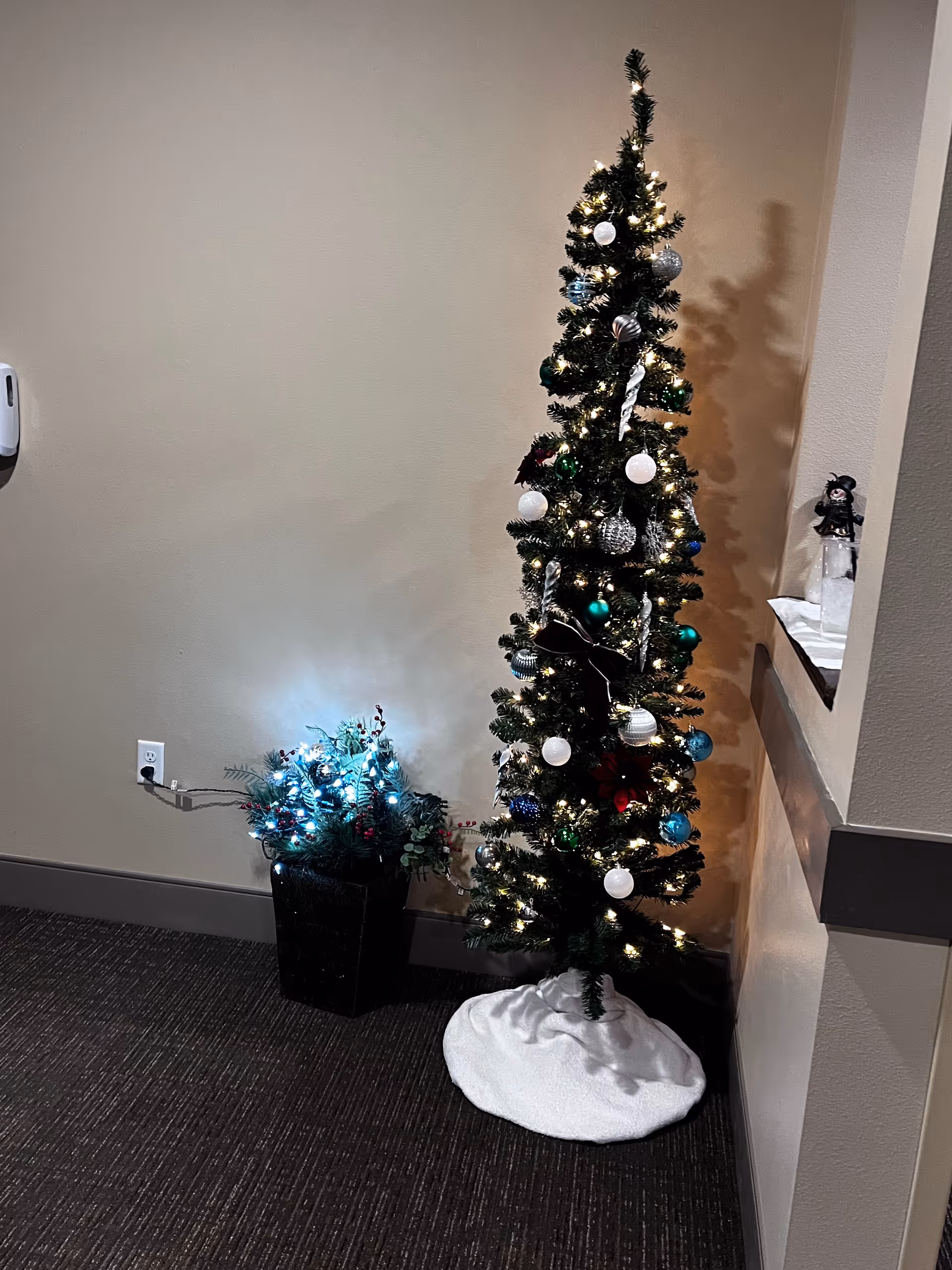 Decorated Christmas tree in a hallway with a lit plant nearby at Edgewood Grand Forks.