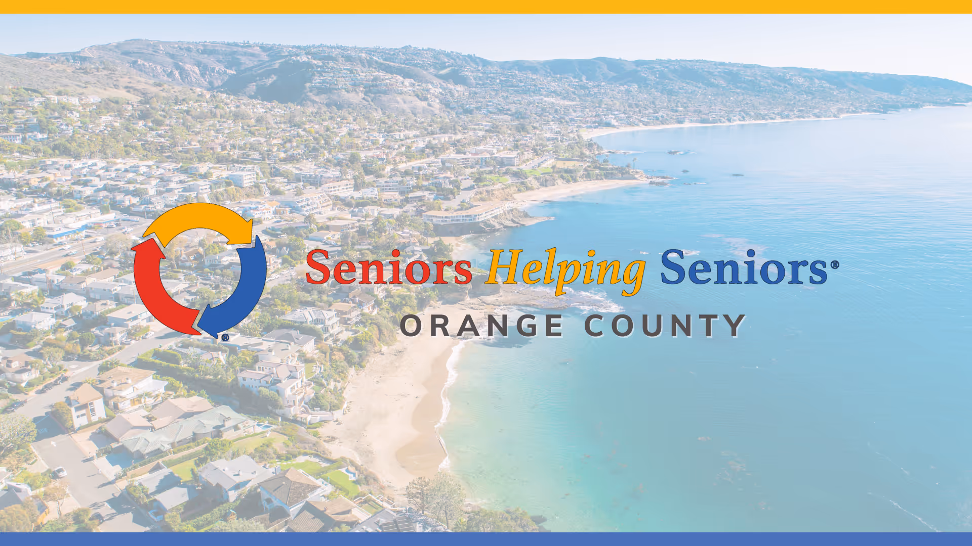 Aerial view of a coastal town with the Seniors Helping Seniors Orange County logo overlay