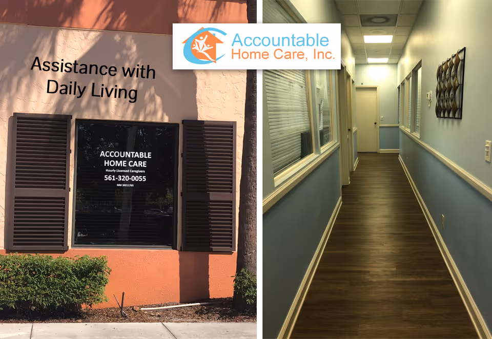 Exterior sign area and interior hallway at Accountable Home Care, Inc., showing facility entrance and corridor.