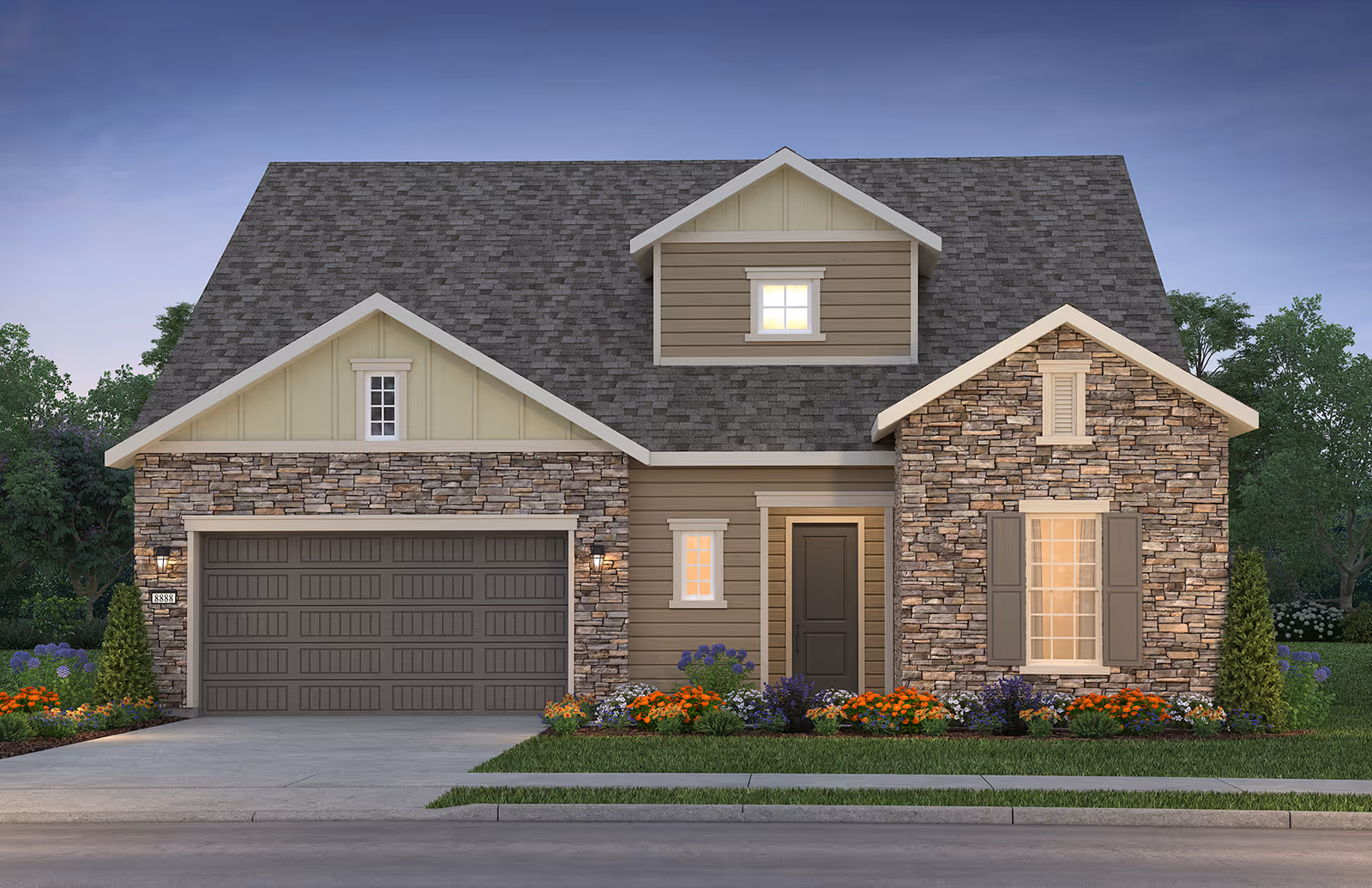 Front view of a suburban house with stone facade and a two-car garage.