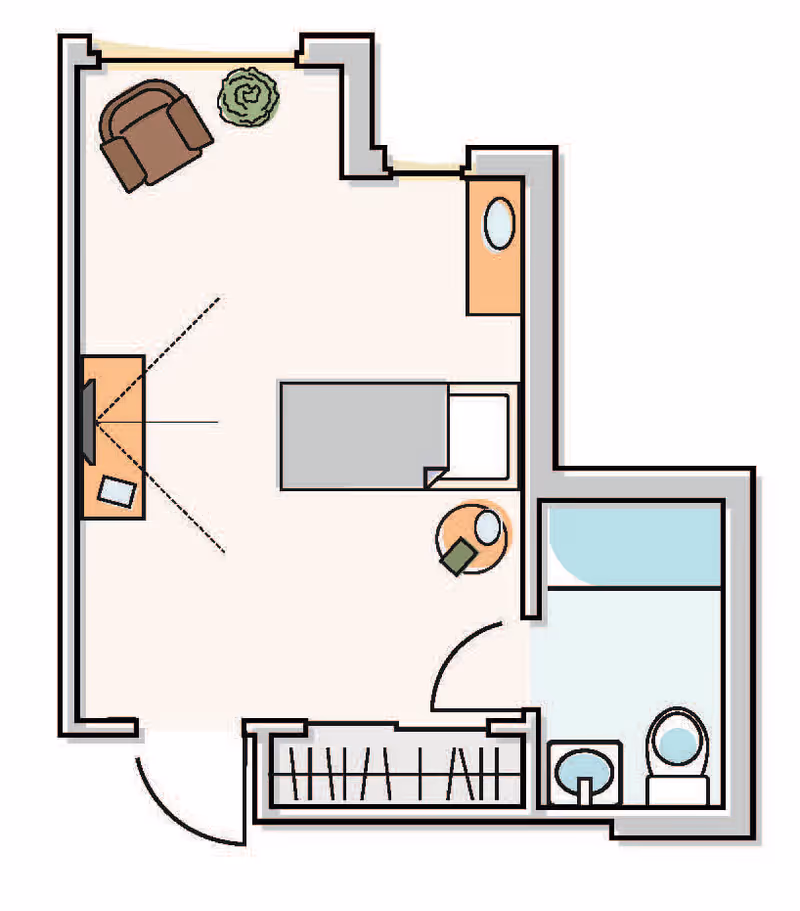 Floor plan of a small living space featuring a bedroom area with a bed, a side table with a lamp and book, a TV on a stand, an armchair with a plant nearby, a closet, and an attached bathroom with a sink, toilet, and shower.
