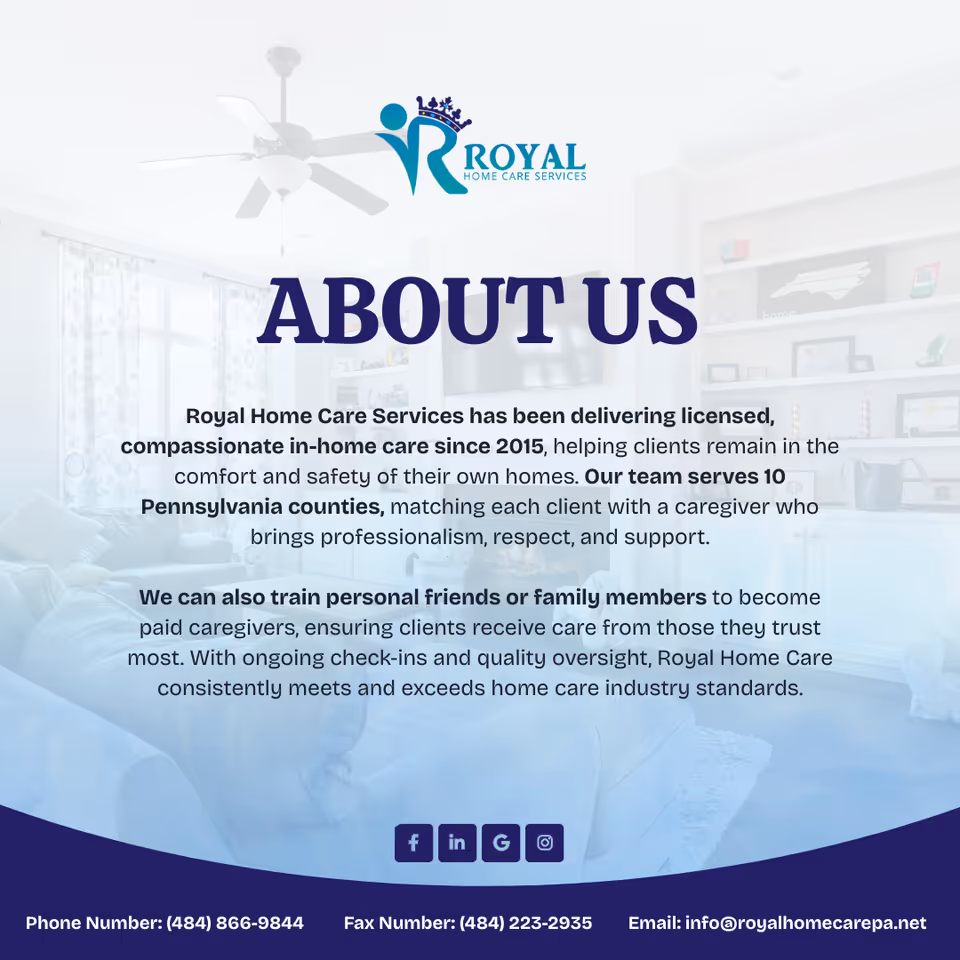 Bright living room interior featuring Royal Home Care Services logo and a large ABOUT US overlay.