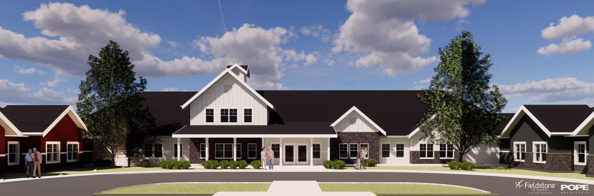 Exterior of Westwing Place, a WellSpire Community, with central entry and people nearby.