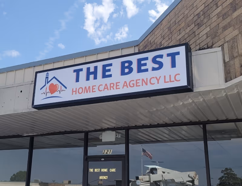 Exterior storefront with a large sign reading THE BEST HOME CARE AGENCY LLC.