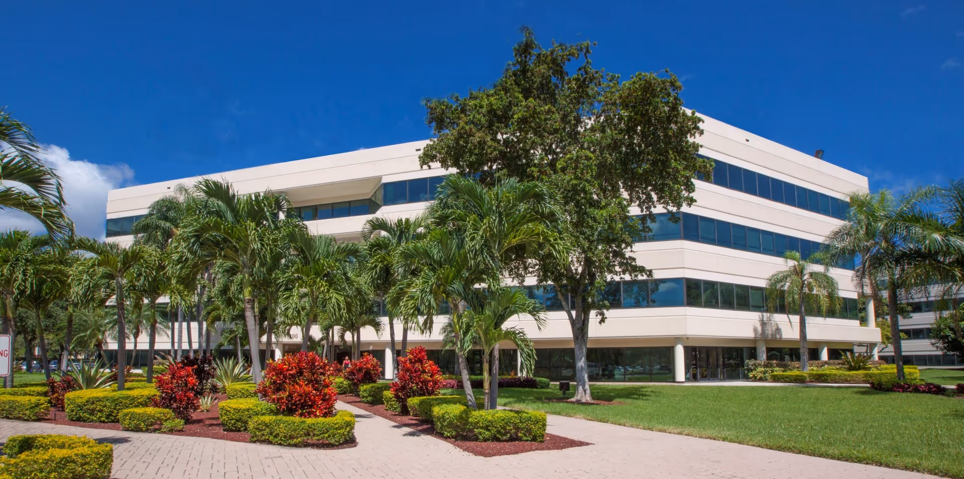 Three-story modern senior facility with palm trees and manicured landscaping in front.