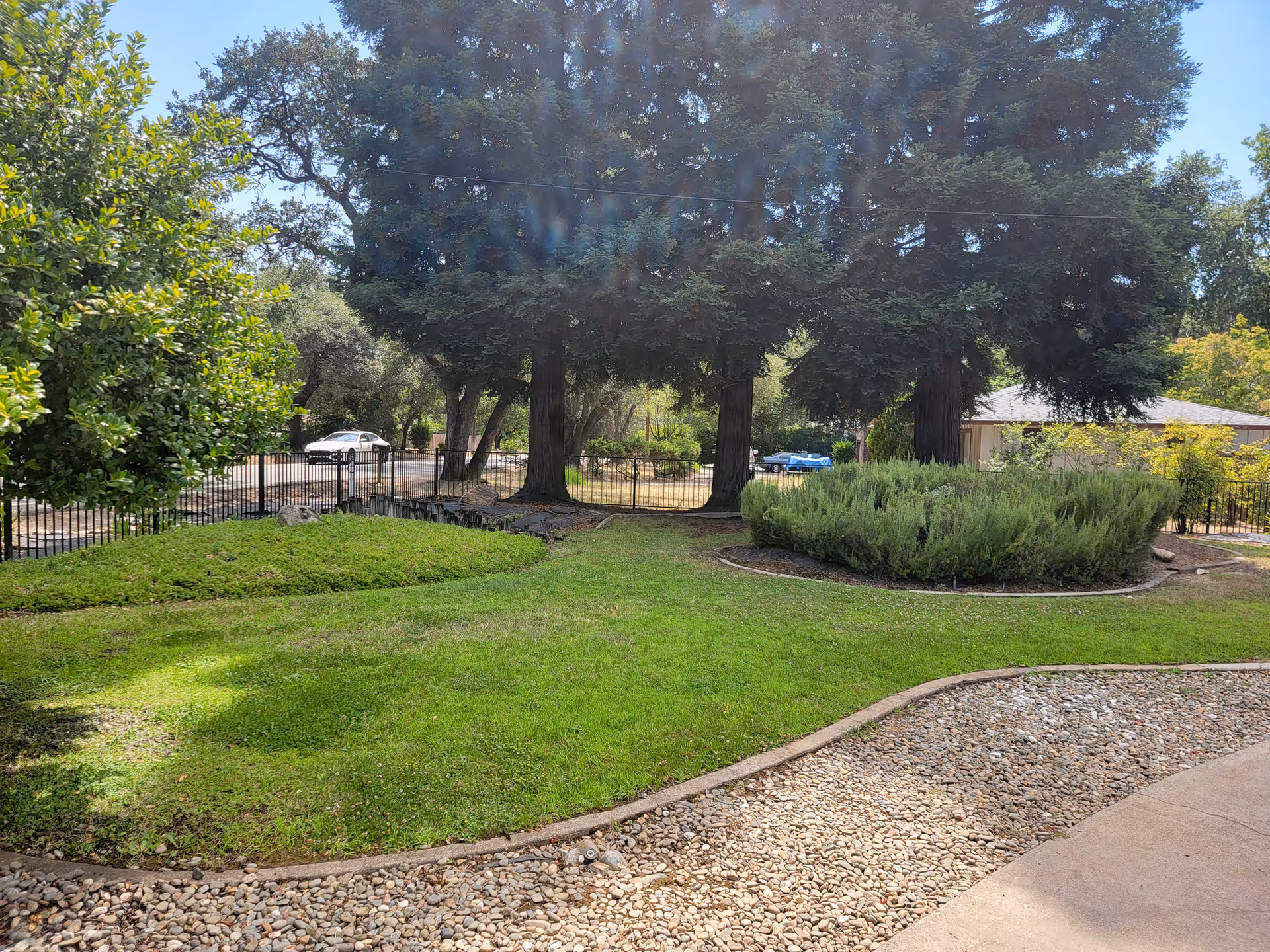Lush lawn, trees, and shrubs surround a gated area with a driveway and parked cars.