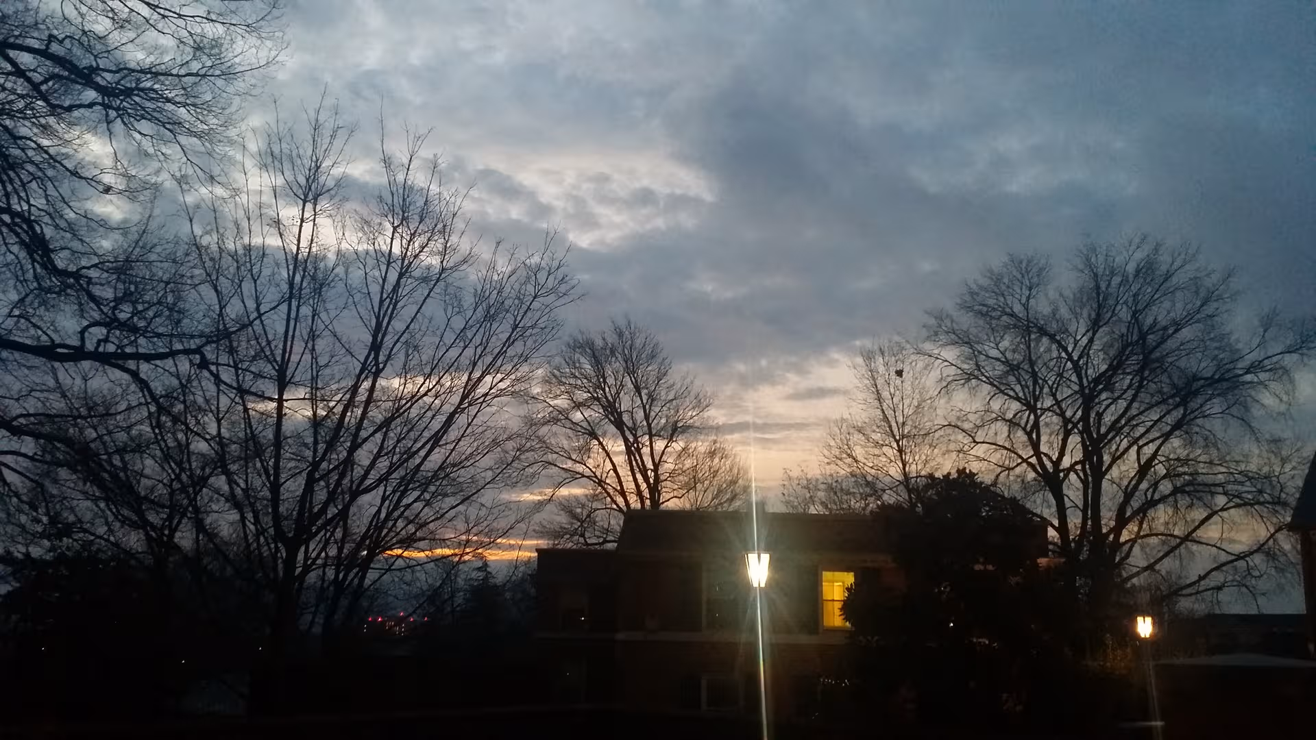 Exterior view of Martha Jefferson House at dusk with bare trees and glowing lamps.