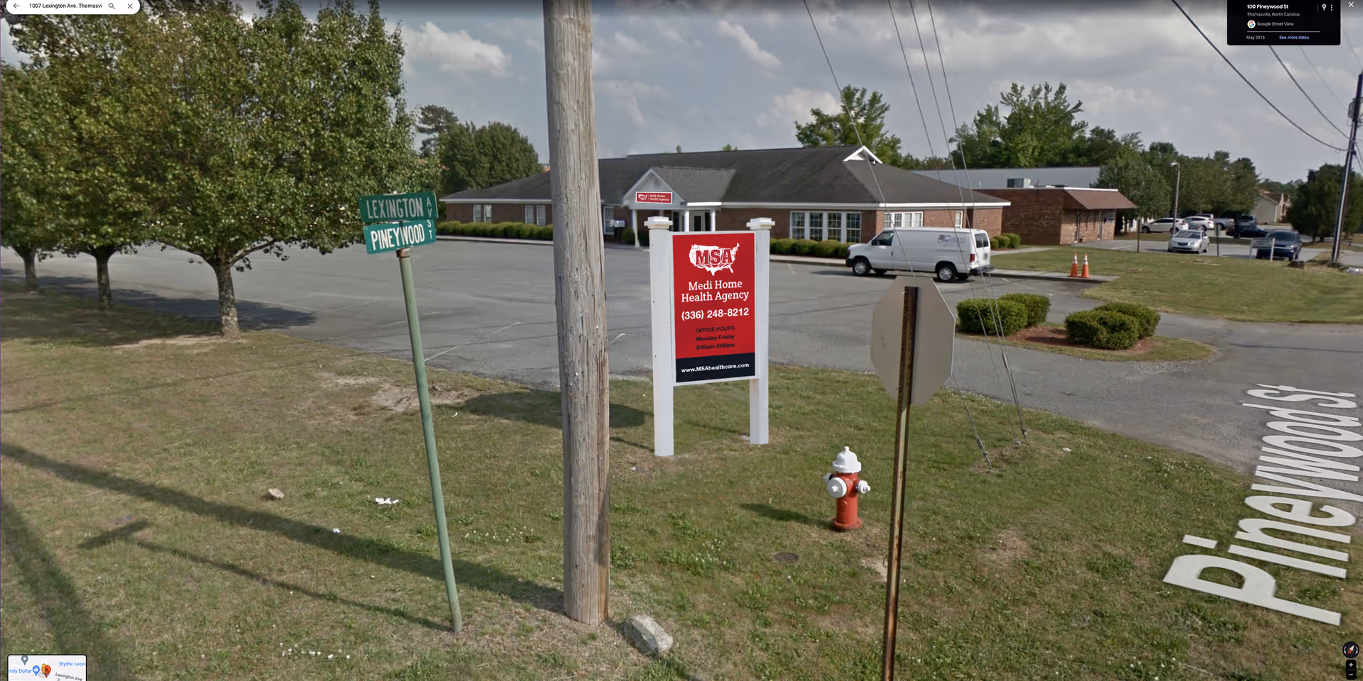 Medi Home Health Agency building front with street signs and parking area