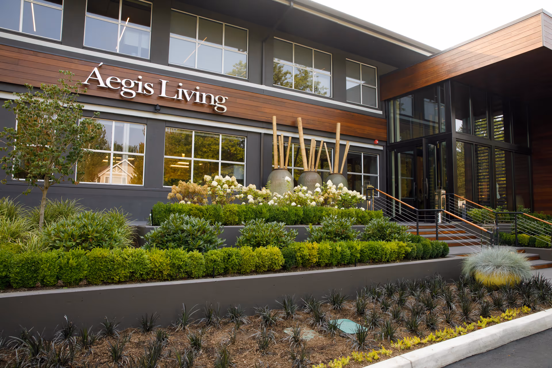 Aegis Living exterior with landscaped entrance, stairs, and large glass windows.