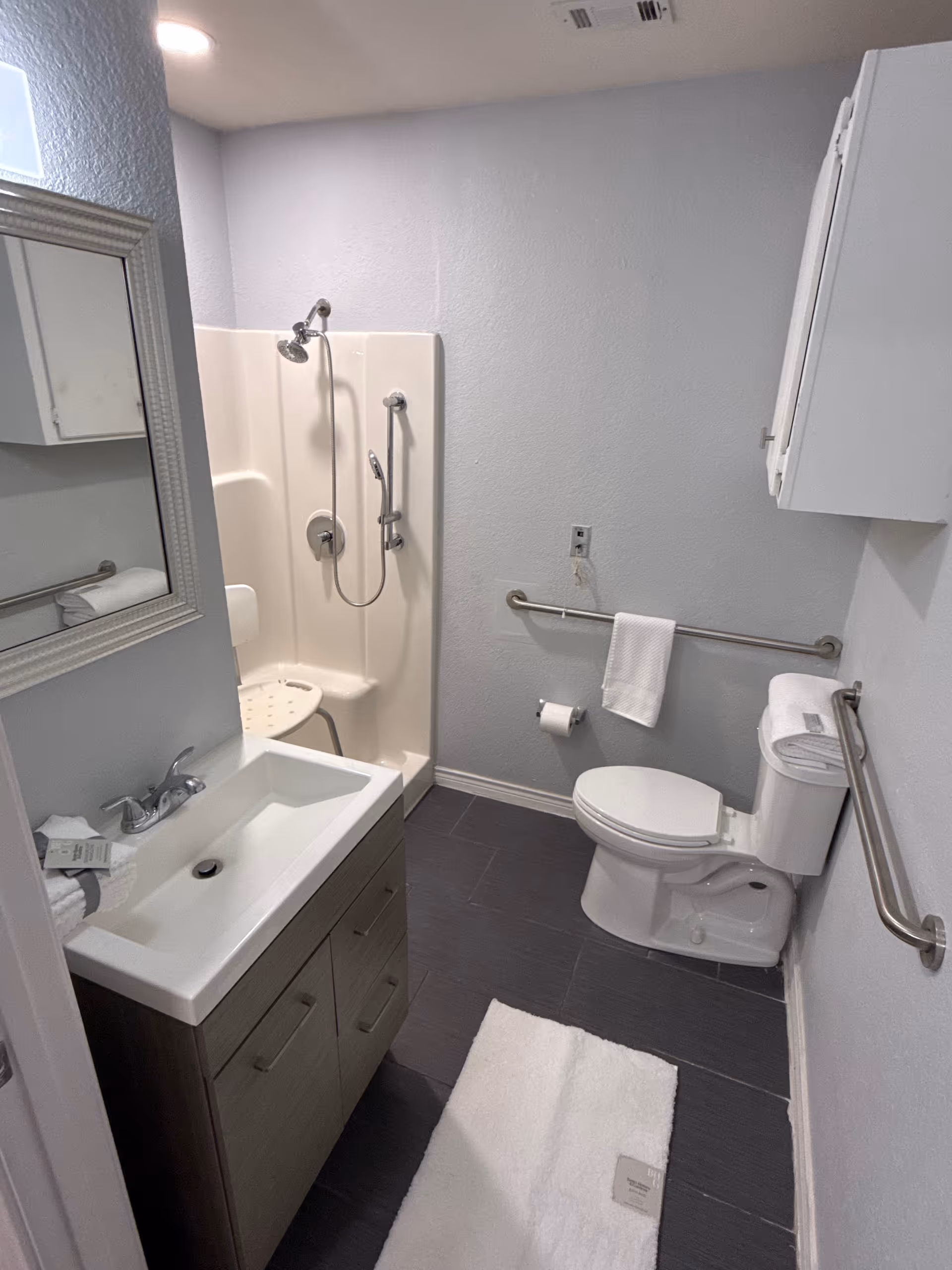 Accessible bathroom with shower, toilet, sink, and grab bars in a senior facility.