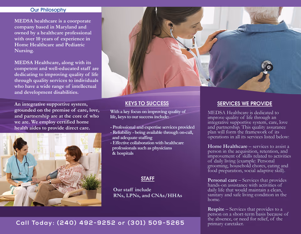 A two-page purple brochure layout with a nurse comforting an elderly patient in a living room.
