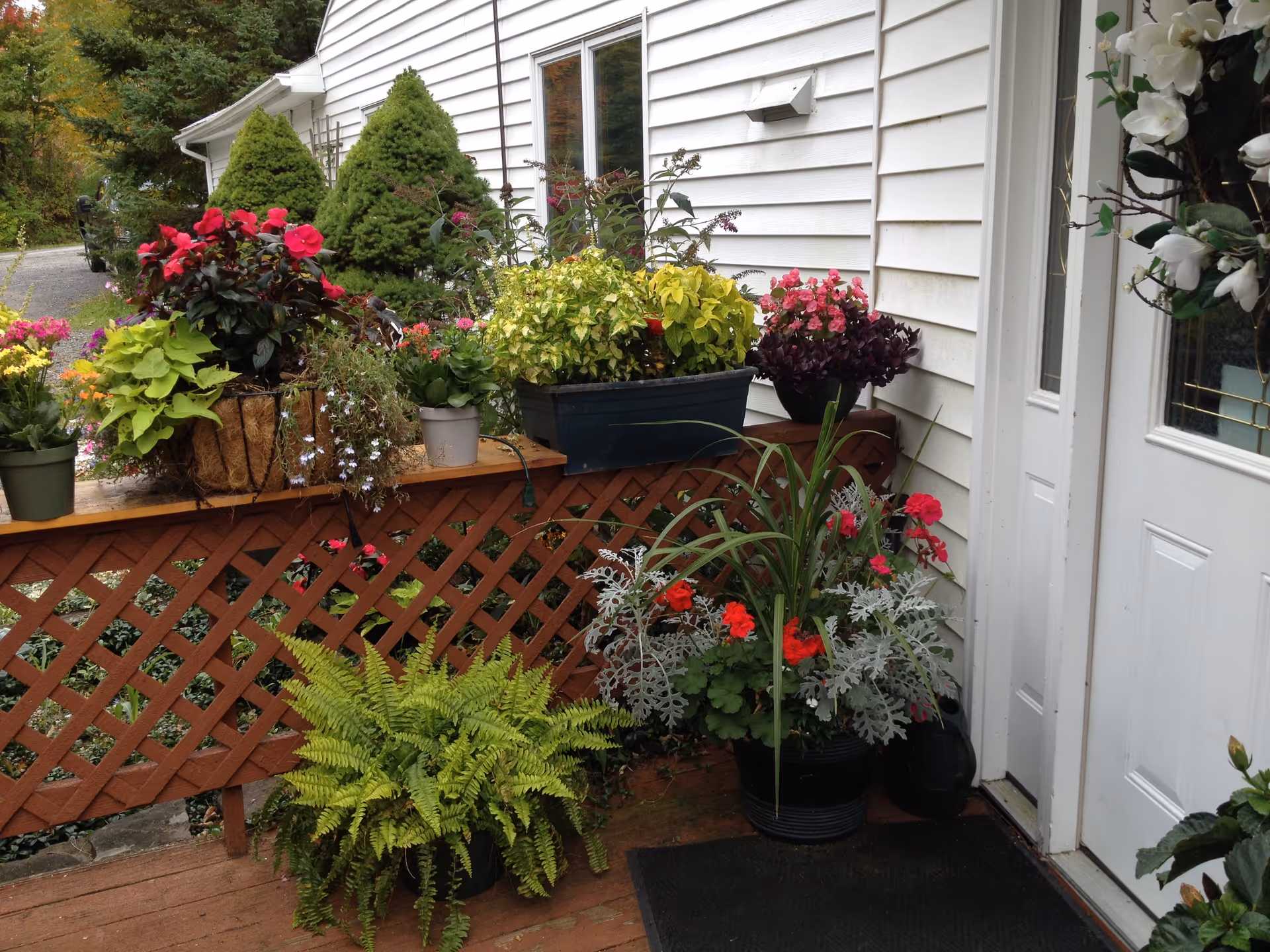 Front porch of a white house with colorful potted plants along railing.
