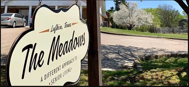 The Meadows sign for a senior living facility with driveway and blooming trees.