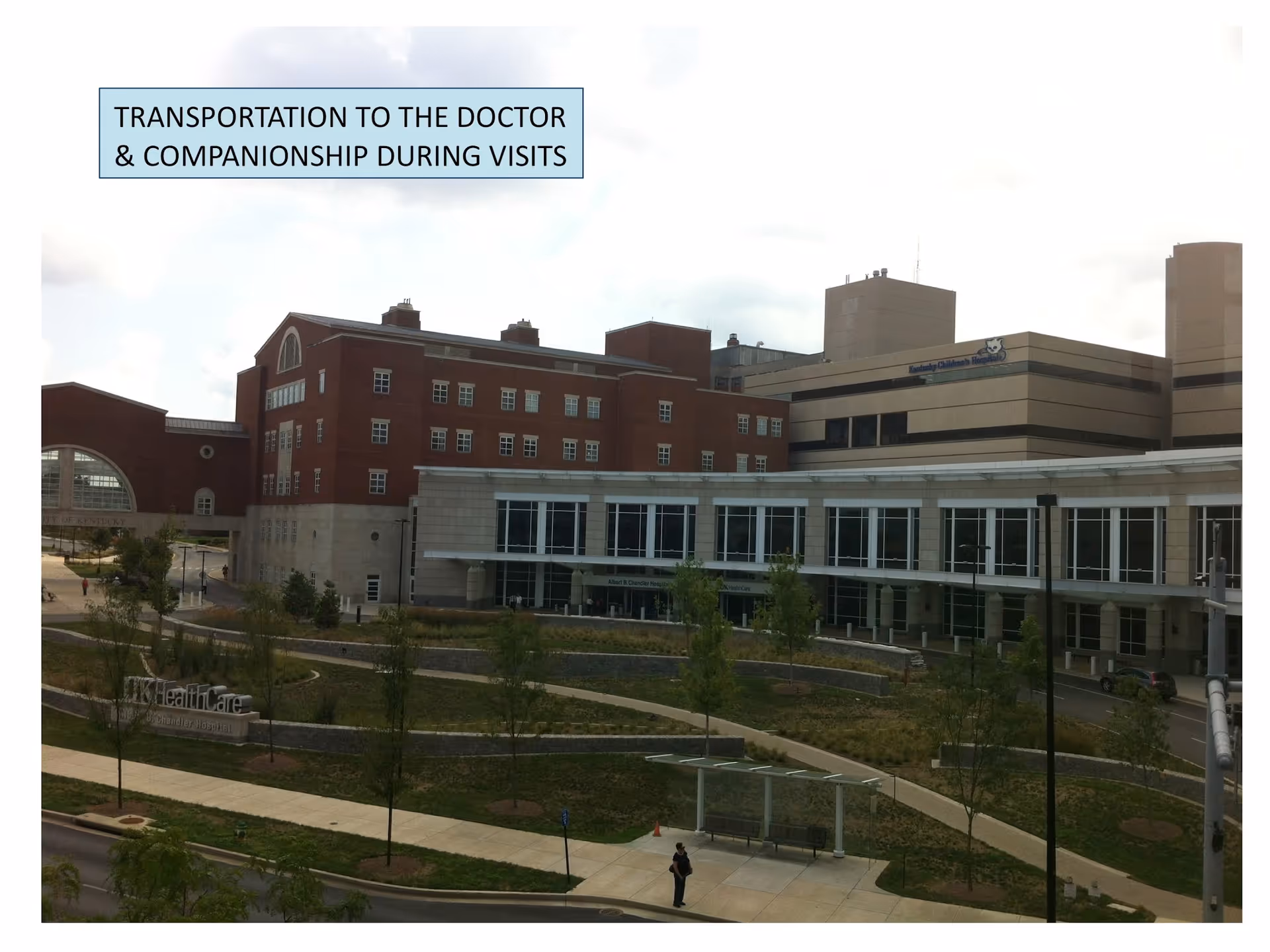 Exterior view of a modern hospital building with a blue sign about transportation to the doctor.