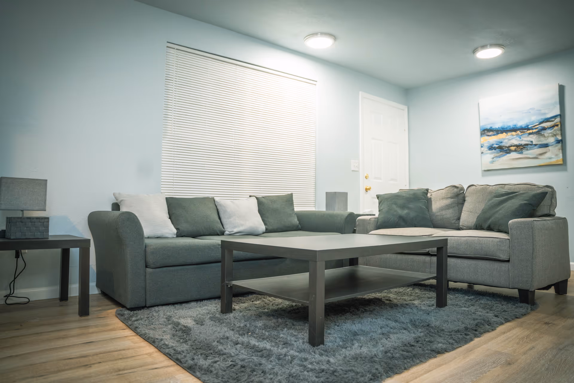 A living room with two gray sofas facing a coffee table on a shag rug, a side table with a lamp, blinds, and wall art.