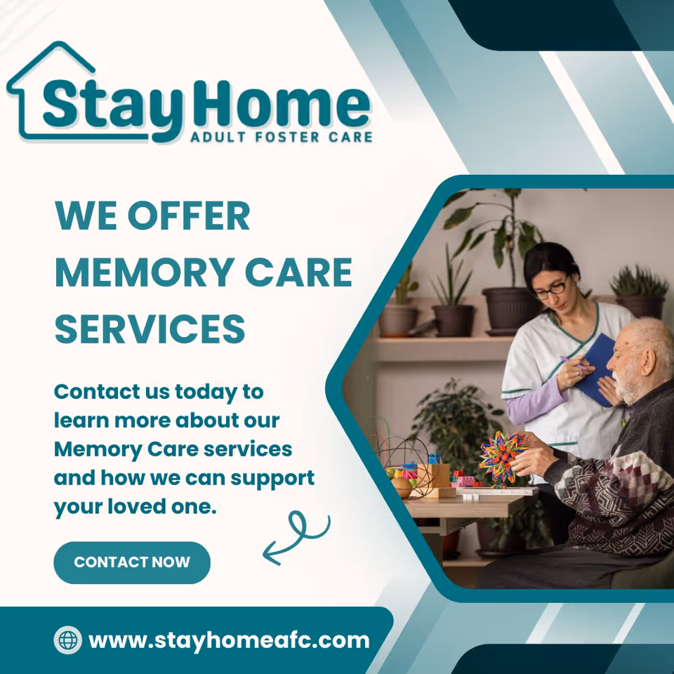 Caregiver assists elderly man with a puzzle at a table in a decorated interior.