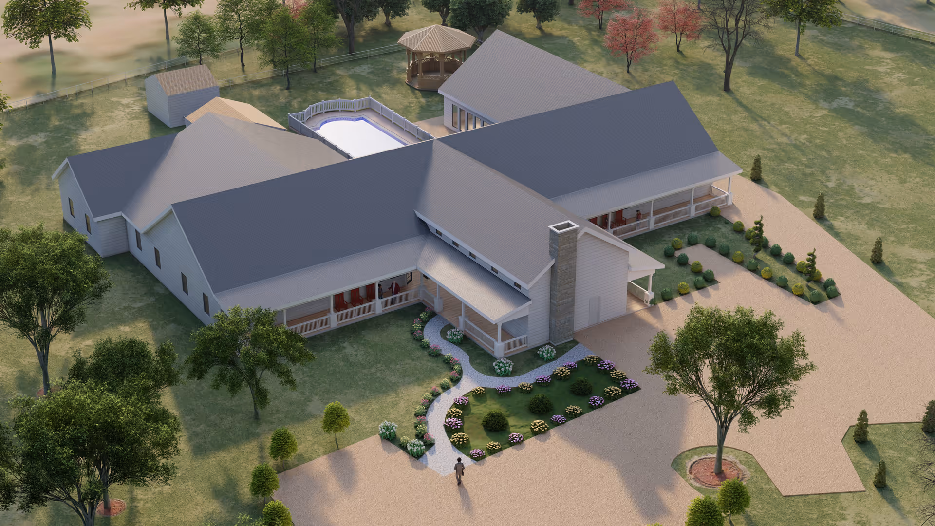 Aerial view of Serenity View Assisted Living and Memory Care facility exterior.