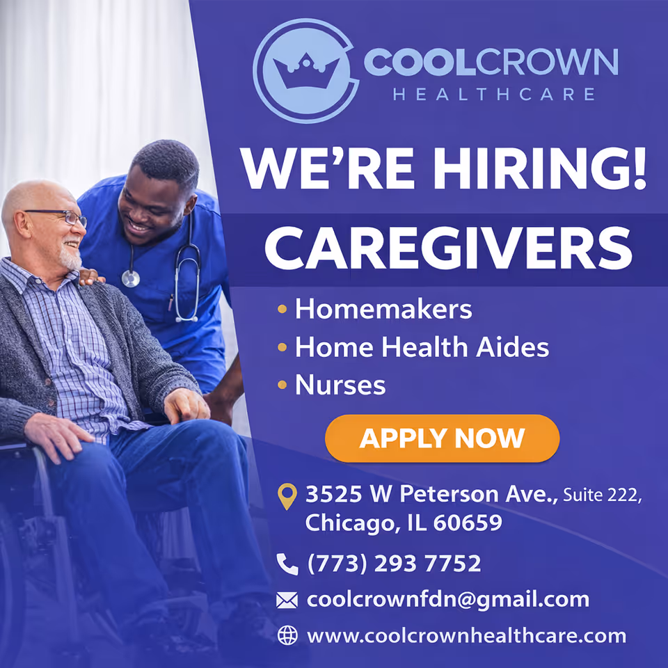 Caregiver in scrubs chats with an elderly man in a wheelchair beside a 'WE'RE HIRING' sign.