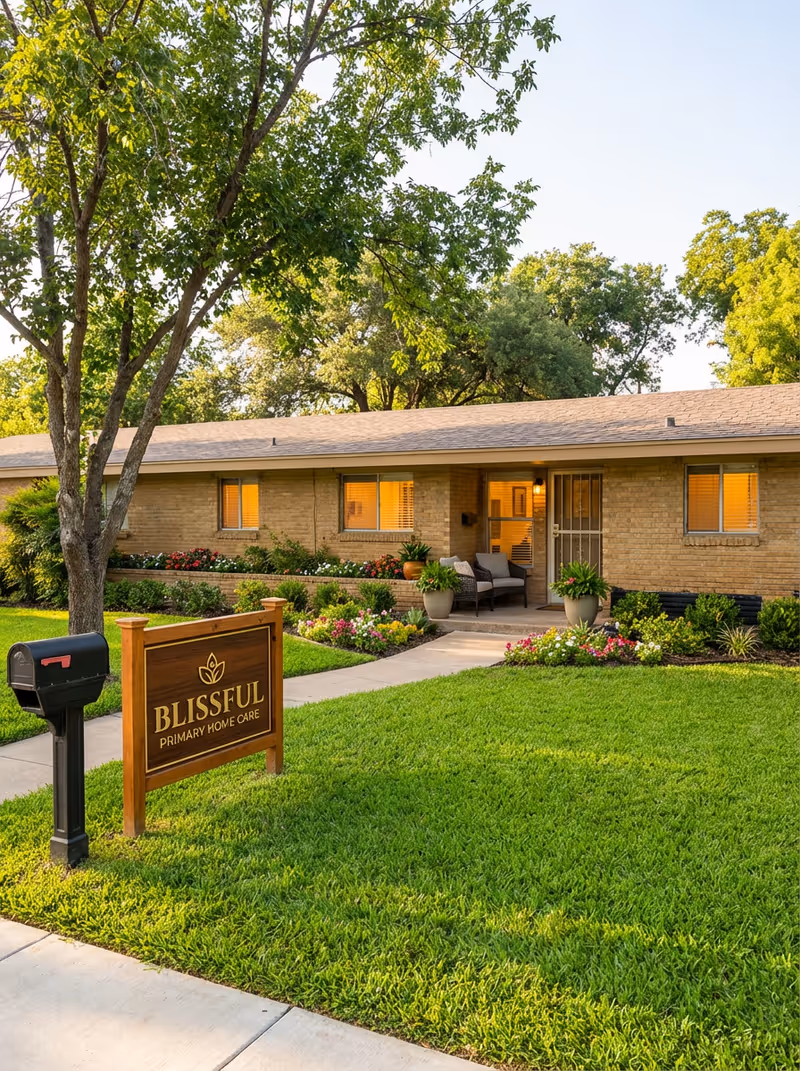 Brick Blissful Primary Home Care facility with manicured lawn and front entrance