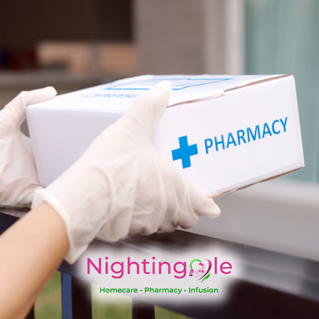 Gloved hands hand a white pharmacy box with Nightingale branding visible.