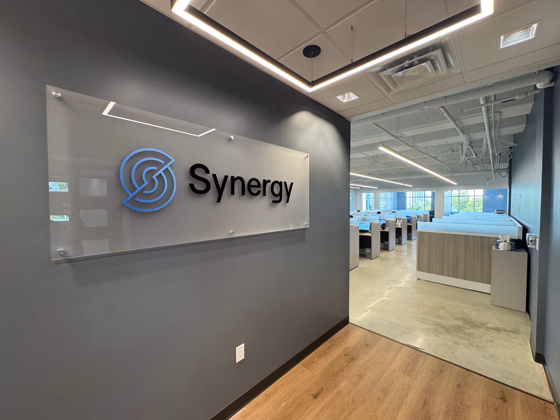 Synergy sign on a gray wall overlooks an open-plan office with cubicles and lighting.