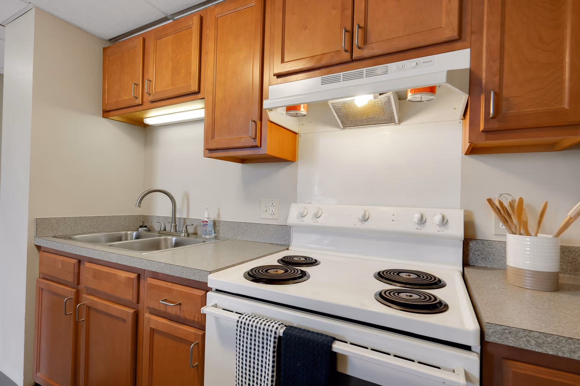 A kitchen area with wooden cabinets, a double stainless steel sink with a faucet, a white electric stove with four coil burners, and a range hood with a light. There is a container holding wooden cooking utensils on the countertop and a hand soap dispenser near the sink.