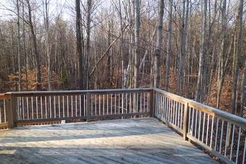 Wooden deck with railing overlooking a leafless forest.