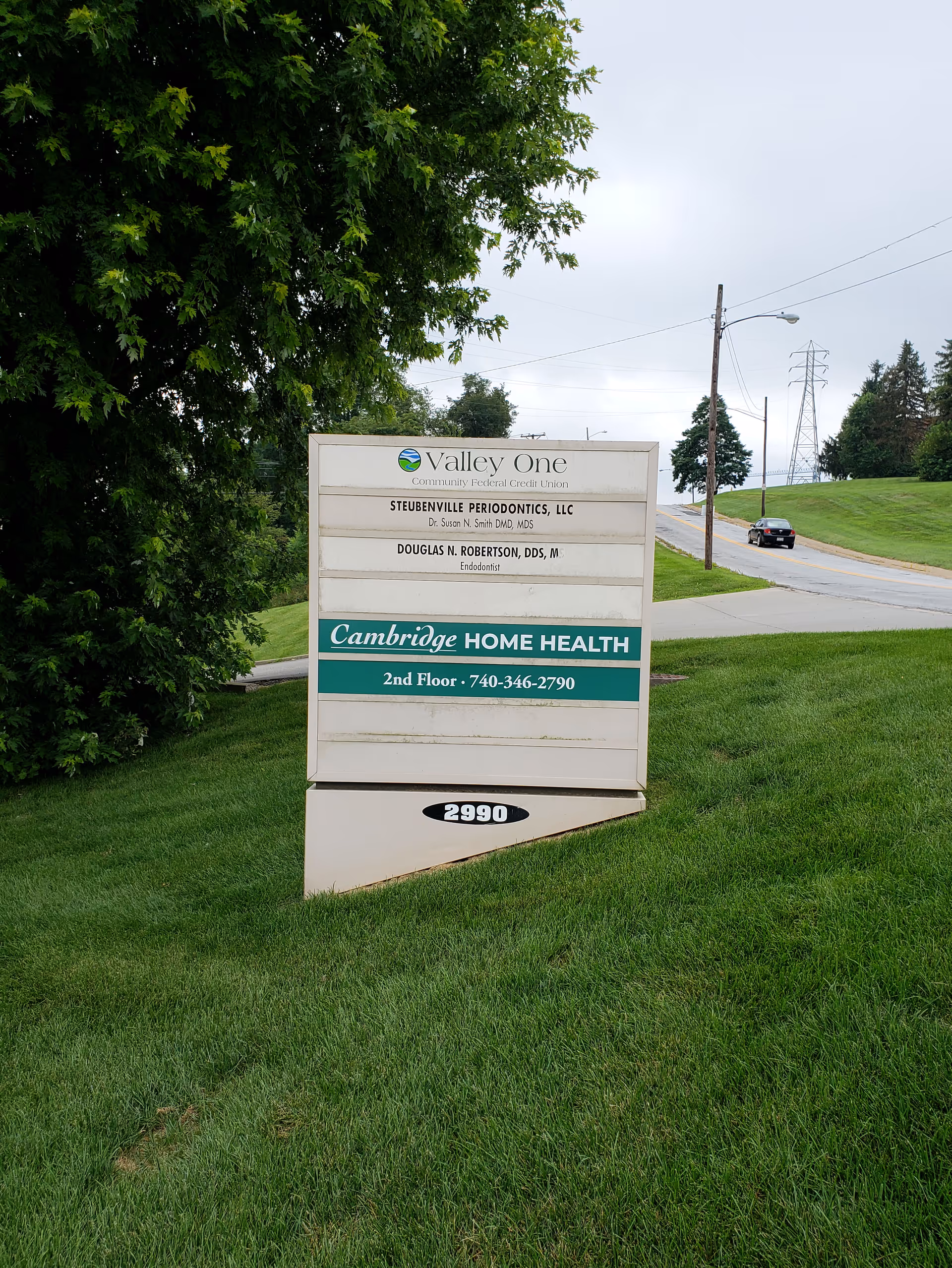 Outdoor sign on a grassy lawn advertising Cambridge Home Health beside a road.
