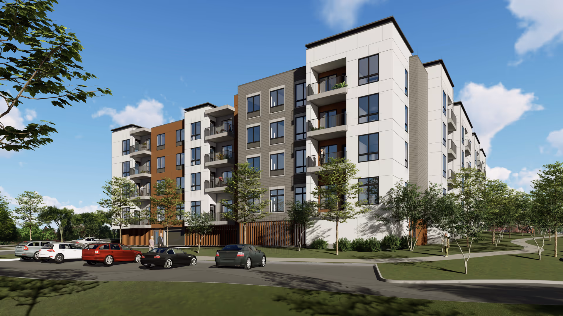 Modern multi-story senior living building exterior with trees, parked cars, and a curved road.