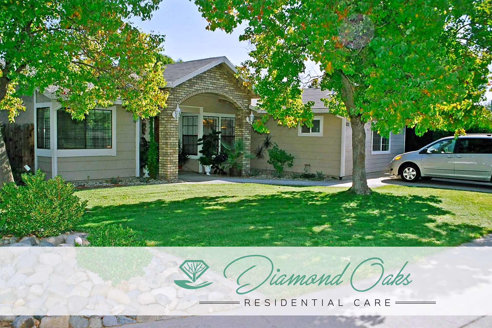 Front exterior of a single-story Diamond Oaks Residential Care home with trees and a sign