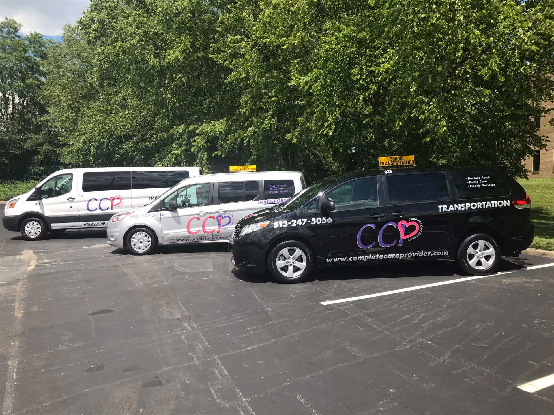 Several CCP transportation vans parked in a lot with trees and greenery behind.