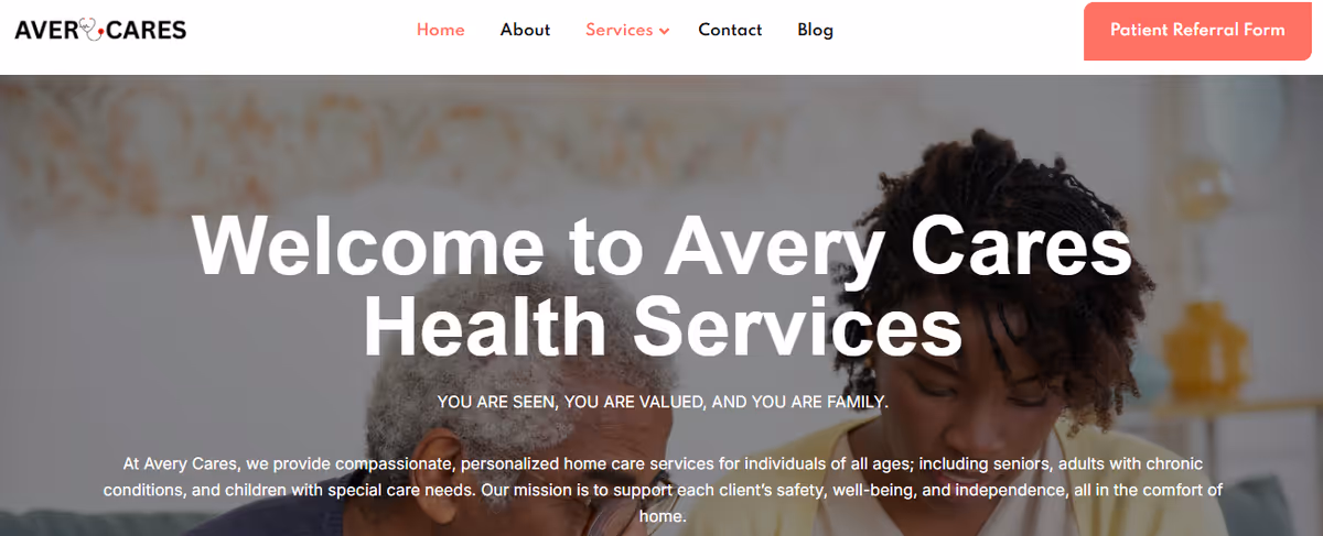 Indoor living room scene with a person beside bold Welcome to Avery Cares Health Services text.